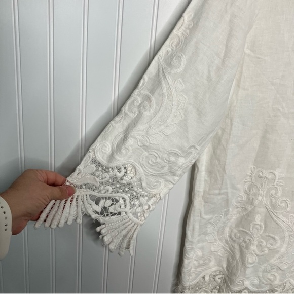 etcetera blouse Size 4 White Sheer Lace Trim Linen Blend Top Breathable - Picture 4 of 9
